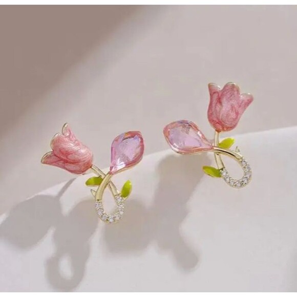 Pink Enamel Tulip Flower Stud Earrings Rhinestones Women - Picture 6 of 8